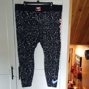 Nike Womens Black Speckle Leggings with Pink Logo and Light Blue Swoosh